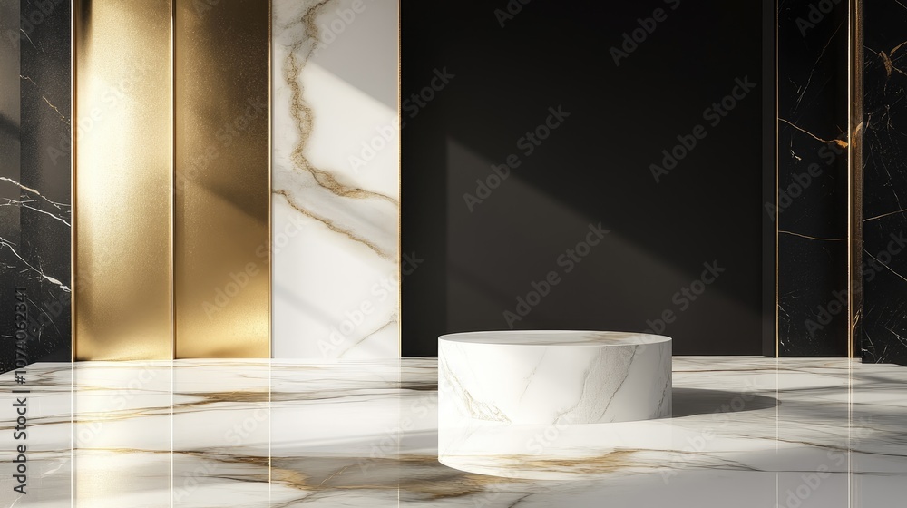 Poster 3D abstract exhibition space featuring a realistic white marble pedestal in an elegant design Minimalist setting ideal for product showcase template presentation with a black and golden geometric 