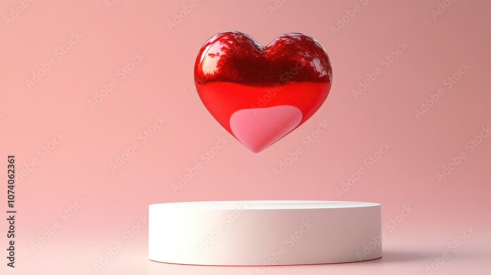 Poster 3D rendering of a red heart floating above a white cylindrical podium set against a pink background for a romantic theme