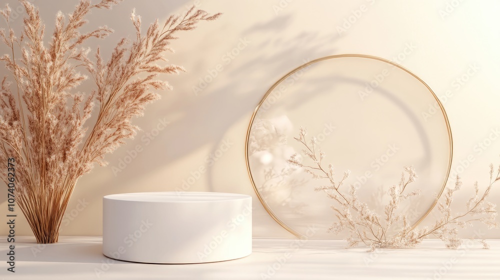 Poster cosmetic product display featuring a cylindrical white podium with a circular arch matte glass backd