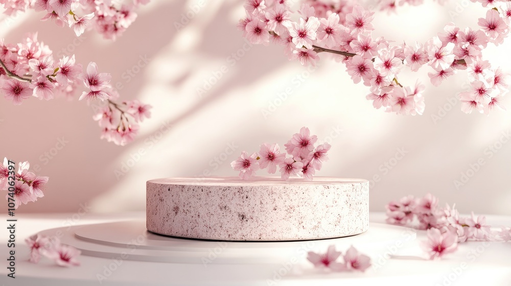 Poster cosmetic background featuring cherry blossoms and a stone podium on a white backdrop for branding an