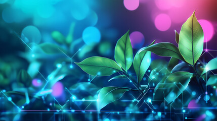 Obraz premium Lush green leaves with vibrant neon lights and bokeh effects create stunning visual. blend of nature and technology evokes sense of tranquility and innovation