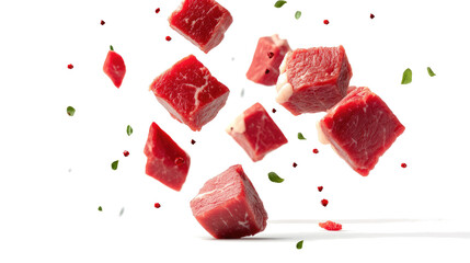 Floating Beef Cubes With Herbs on a Transparent Background Generative AI