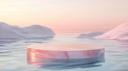 Exhibition podium and stand situated in a transparent water pool designed for showcasing premium products 3D render Abstract organic background for marketing wellness spa and relaxation products