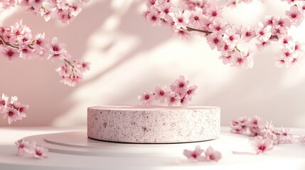 Cosmetic background featuring cherry blossoms and a stone podium on a white backdrop for branding and product presentation 3D rendering illustration