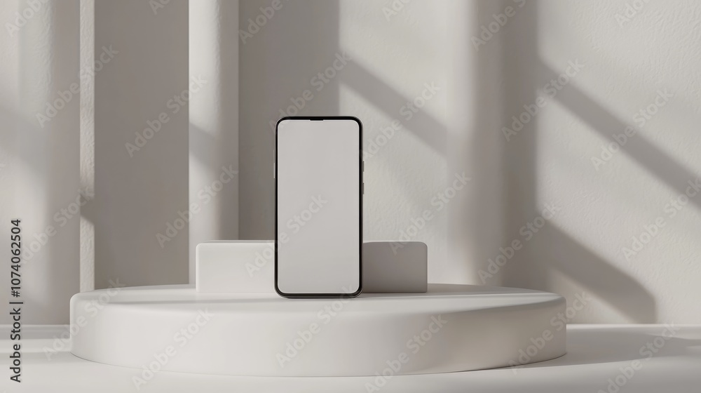 Poster white clay smartphone mockup displayed on a white shaped podium and steps 3d render minimalist conce