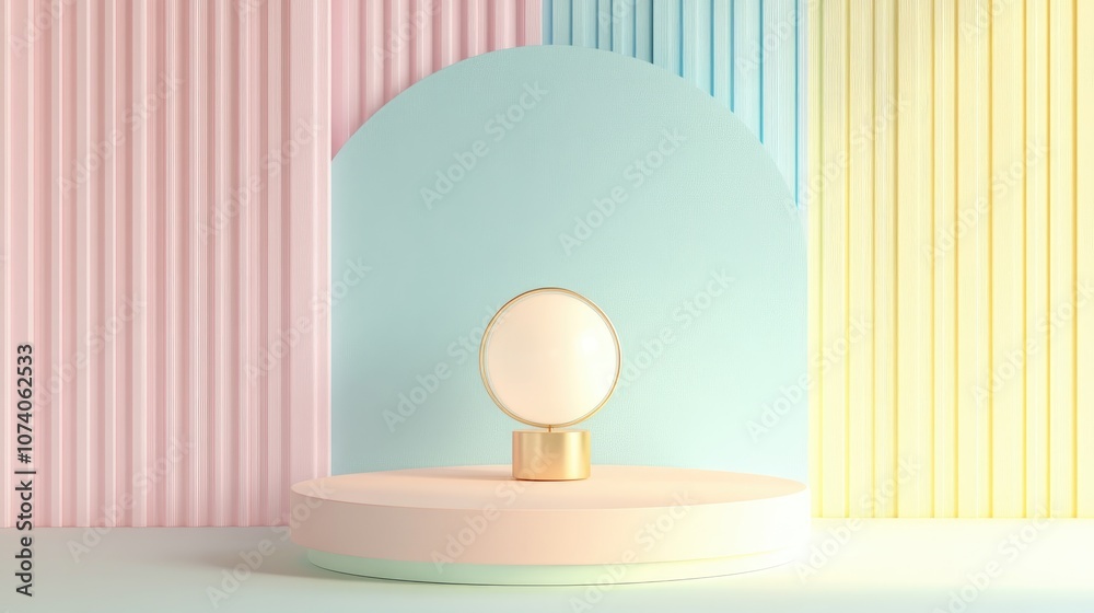 Poster Abstract geometric shape with lamp in pastel colors minimal modern style and pastel background for booth podium stage display stand mockup 3D rendering