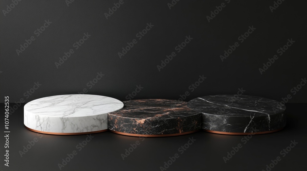 Poster 3d abstract rendering of a marble podium in black white and copper set against a dark background a b