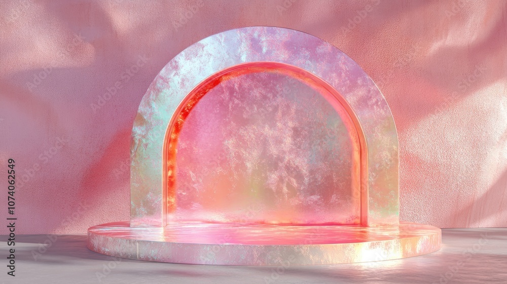 Poster stylish fashion podium backdrop for showcasing products featuring an abstract iridescent gemstone 3d