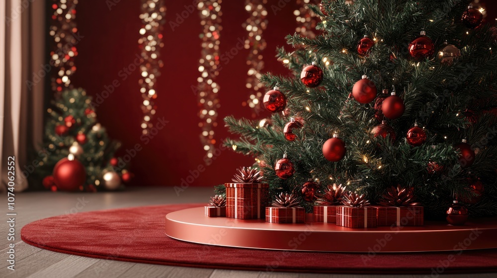 Poster christmas and new year themed product podium mockup display featuring a decorative tree 3d rendered 