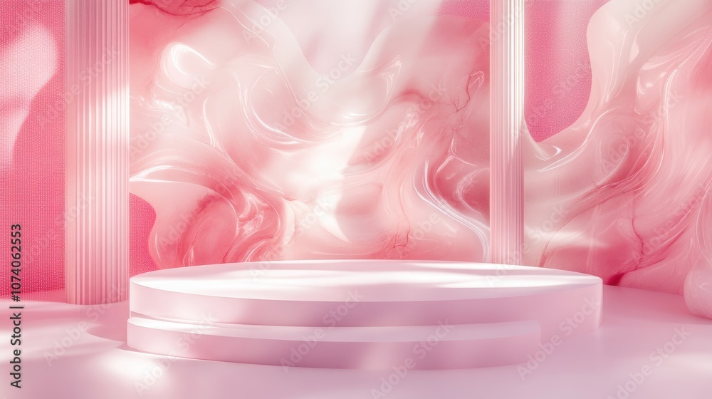 Aufkleber Product showcase stand with a pink abstract backdrop 3D rendering
