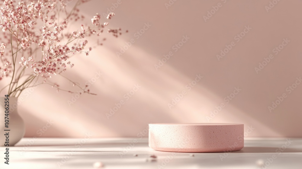 Poster 3D rendering of a minimal scene featuring a blank podium with a romantic theme Display stand ideal for product presentation mock up Cylindrical stage in a soft pink hue with a simple design Charmi