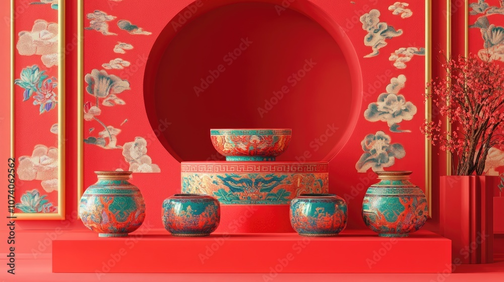 Poster Product display podium featuring a vibrant red backdrop with a Chinese inspired design rendered in 3D