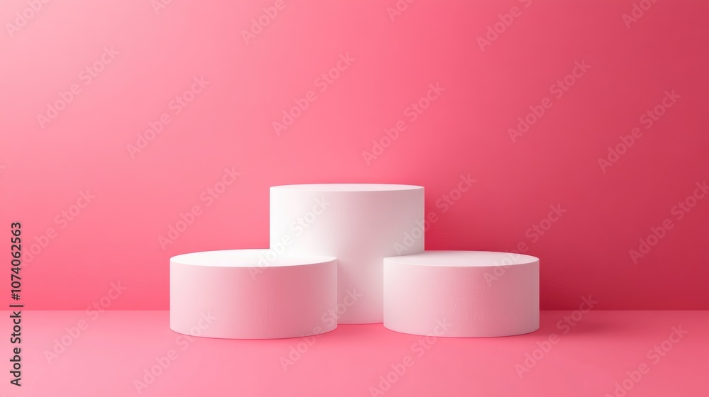 Poster abstract geometric setting featuring white podiums set against a solid pink backdrop 3d illustration