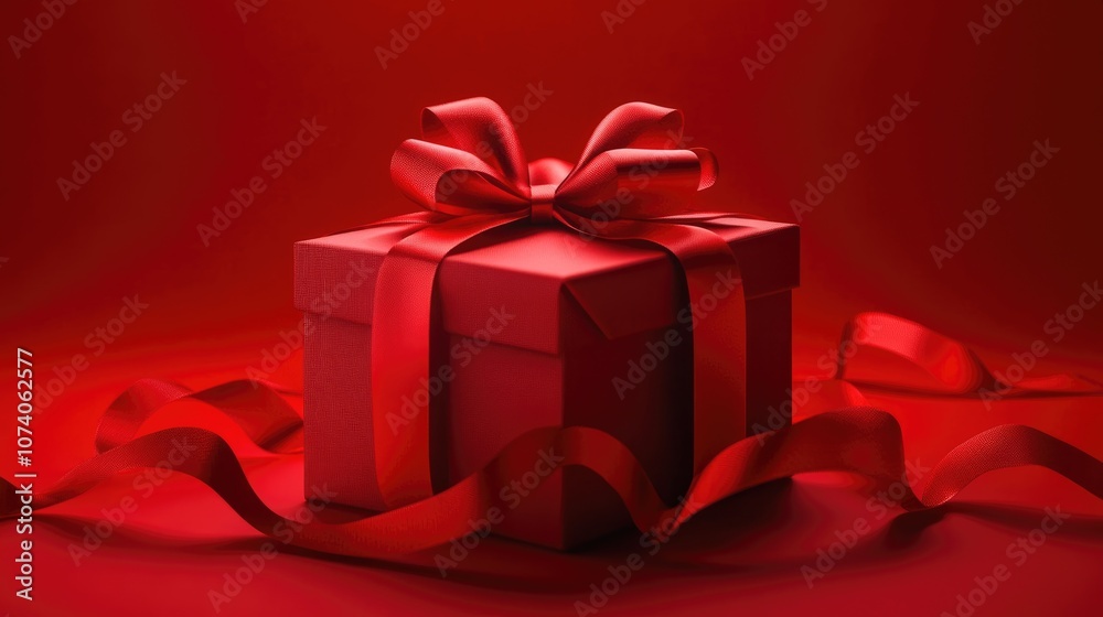 Poster Red gift box adorned with a red ribbon bow on a matching red backdrop 3D rendering