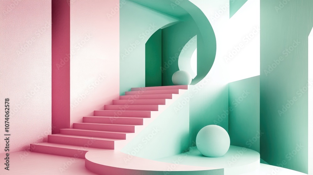 Poster 3d rendered illustration featuring a geometric composition that includes elements such as a staircas