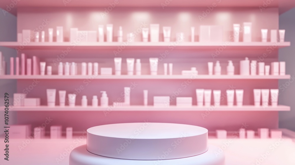 Poster Empty podium on a blank product shelf backdrop 3D rendering