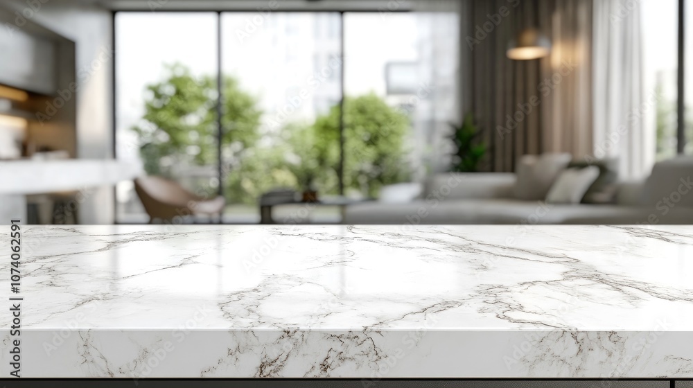 Poster white marble table surface with a blurred abstract interior background suitable for product display 