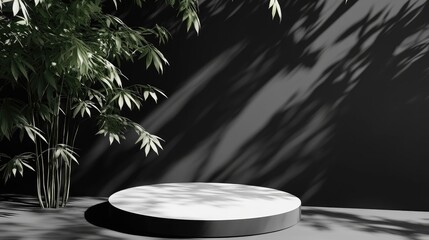 Product podium mockup featuring a black and white backdrop with tree shadows summer ambiance 3D rendered illustration