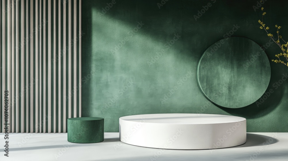 Poster 3d rendering of a mockup scene featuring a white and green podium alongside a geometric circle in gr