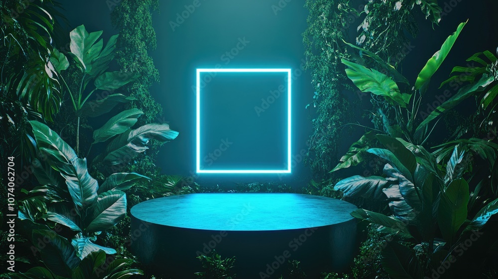 Aufkleber Moss covered leaves and neon light design Three dimensional rendering of a blue square neon illumination paired with tropical foliage Three dimensional cylindrical podium Minimalistic setting for 