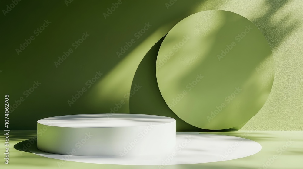 Poster 3d rendering of a mockup scene featuring a white and green podium alongside a geometric circle in gr