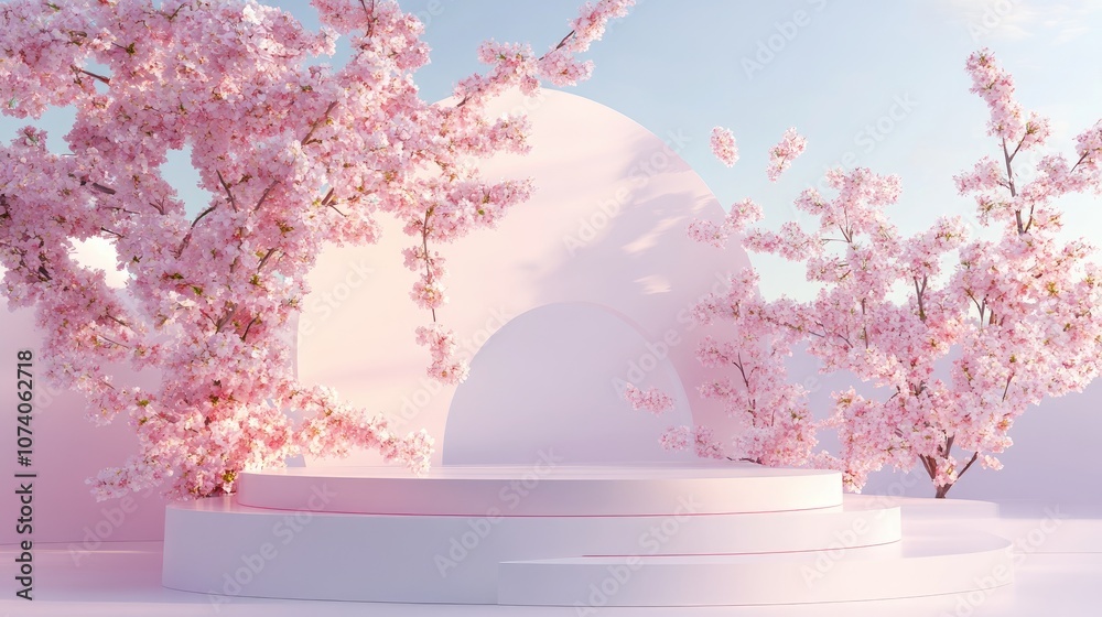 Poster 3d rendering of a product stand featuring cherry blossoms in isolation