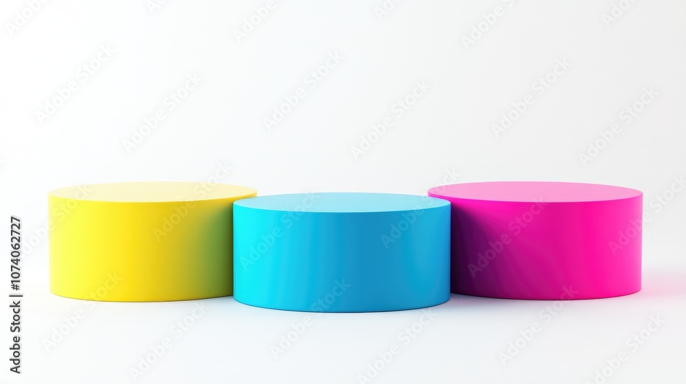 Poster 3d rendering of three podiums in pink blue and yellow arranged for product display on a bright white