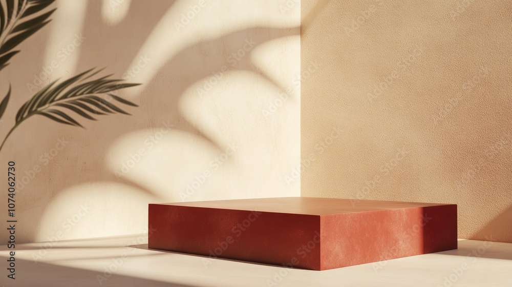 Poster Abstract 3D rendered shape designed for product placement featuring ample copy space Modern red step cube podium set against a blank background embodying a minimal studio aesthetic 3D illustration