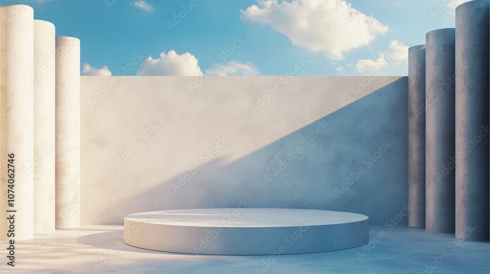 Poster empty cylinder podium against a blue sky for contemporary stage display and minimalist mockup abstra
