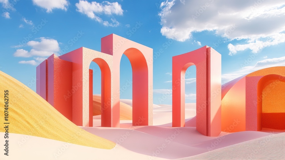 Poster 3D rendered abstract surreal pastel landscape featuring modern architecture and geometric arches vibrant dune scene with ample copy space complemented by a blue sky and clouds showcasing minimalis