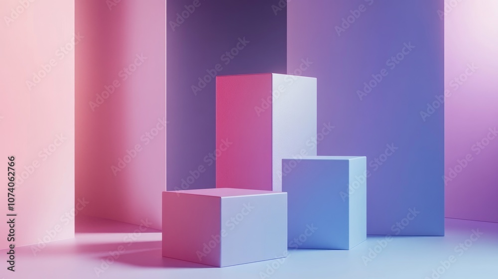 Aufkleber 3D violet and mauve cube and box podium in a minimal studio background Abstract geometric shape object illustration render with natural color tones