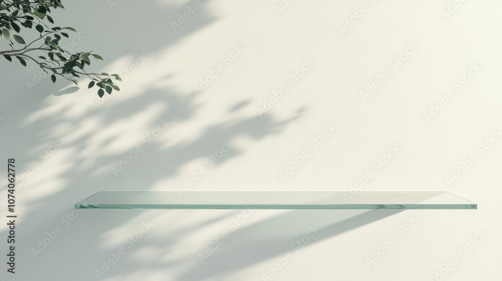 Poster Minimalist white wall featuring a glass shelf for displaying products An empty space with tree leaf shadows 3D room background with ample copy space 3D rendered illustration