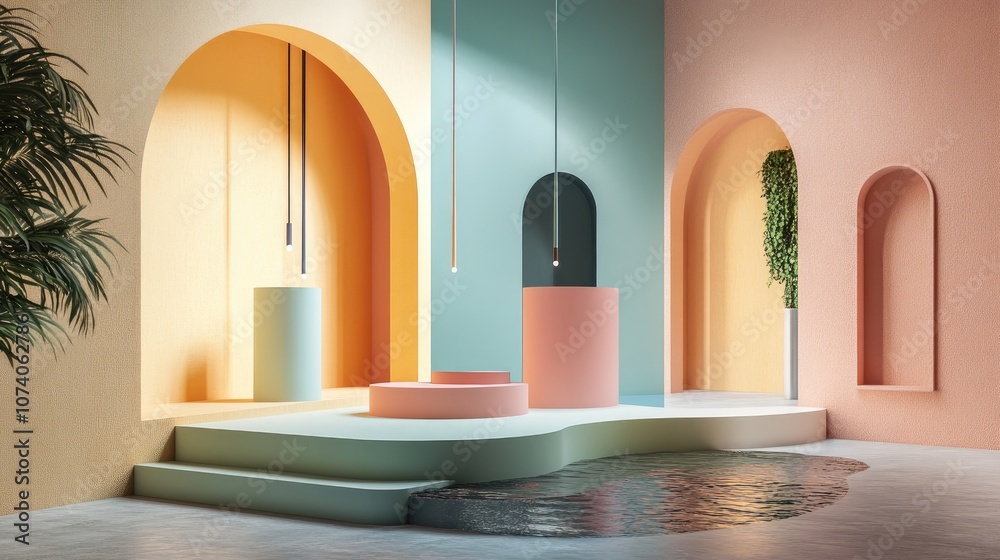 Poster 3D rendering of geometric shapes featuring a product stand with a colorful minimal modern design incorporating water and curves