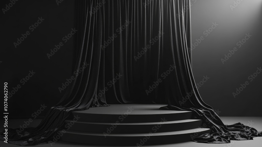 Poster empty podium draped in black cloth 3d rendering