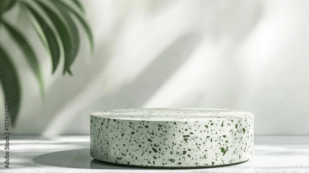 Poster 3d render of a cylinder shaped podium with a square design and green terrazzo texture on a transpare