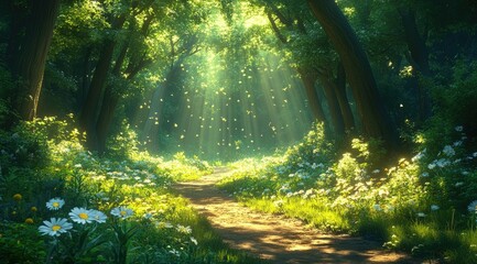 Obraz premium Sunbeams shine through the trees on a path in a lush forest with white daisies on either side.