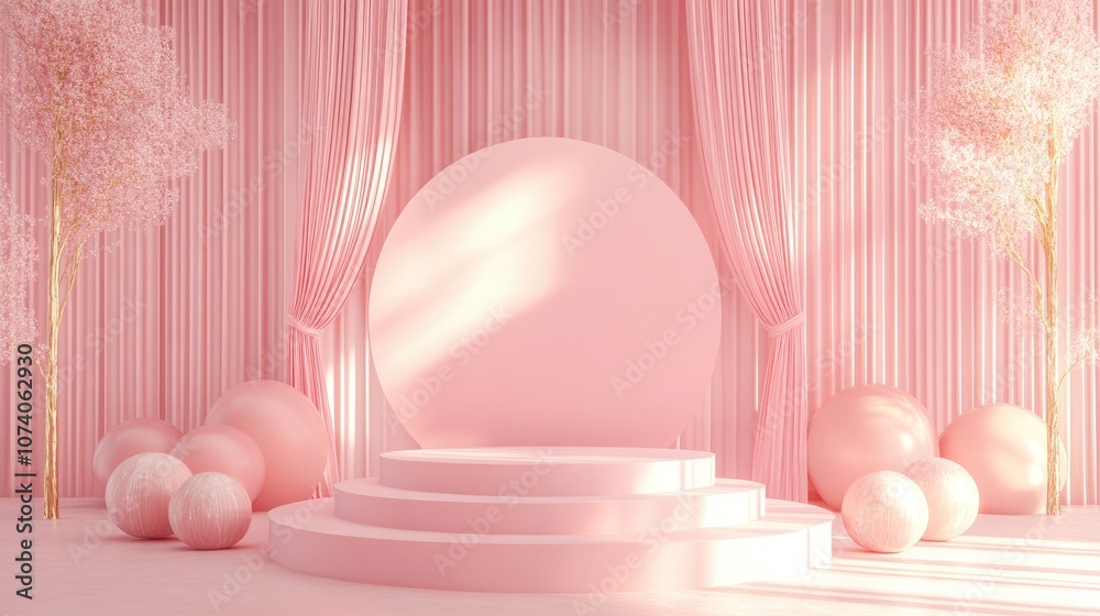Poster Minimalist abstract pink backdrop featuring an empty podium and pastel hues designed for modern stage display or showcase 3D rendering