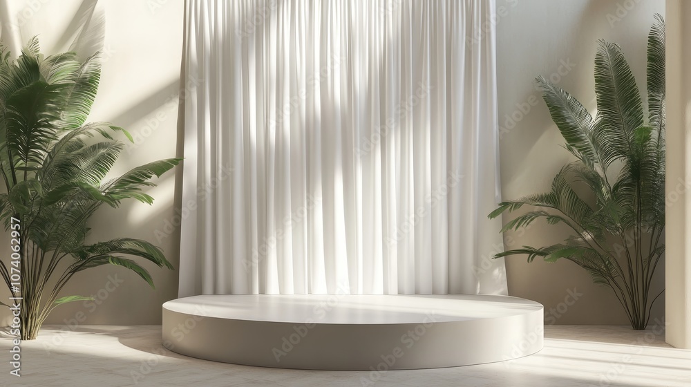Aufkleber 3D rendering of a podium with a curtain backdrop for product display
