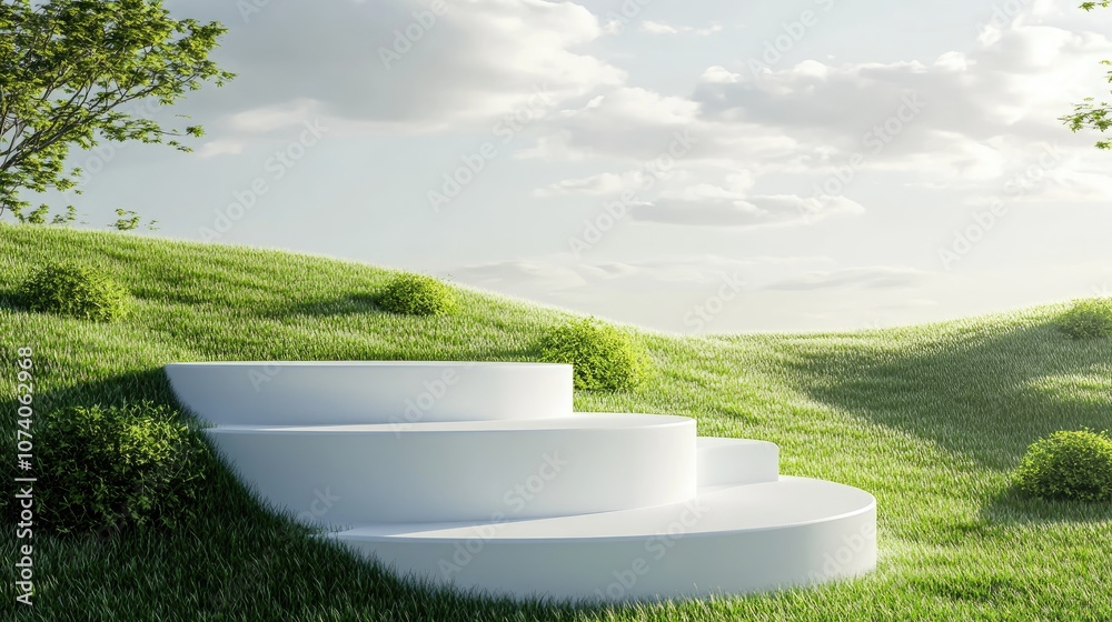 Poster White step podium in a grassy field for product display set against a white background 3D rendering