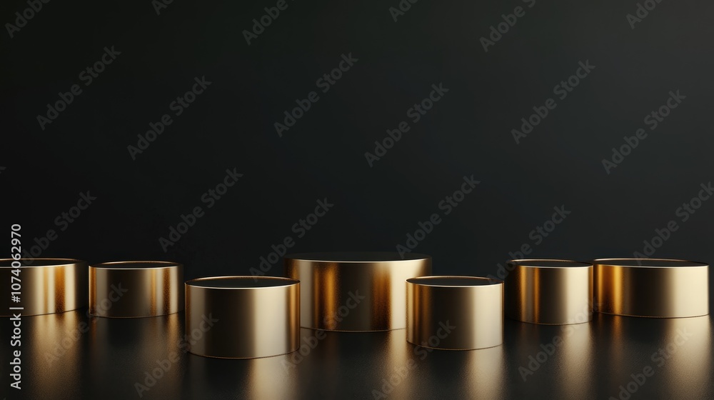 Poster minimalist abstract composition featuring golden cylindrical podiums against a black backdrop 3d ren