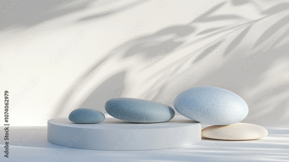 Poster Minimal product display stand featuring rocks and shadows Podium mock up in an abstract composition of white and blue pastels created through 3D rendering and illustration