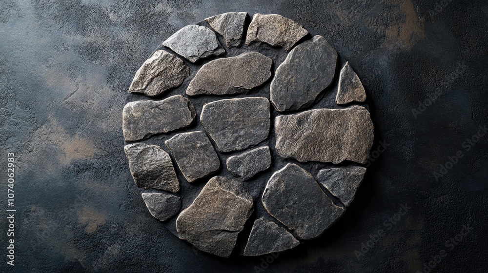 Poster Top view of a cobblestone texture on a display platform Stone structure 3D rendering Isolated on a dark background