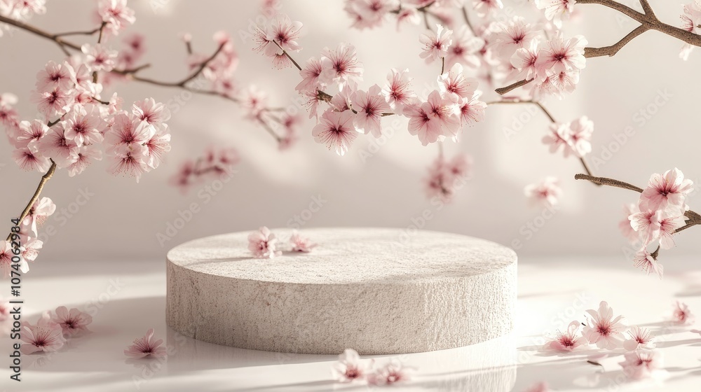 Poster cosmetic background featuring cherry blossoms and a stone podium on a white backdrop for branding an