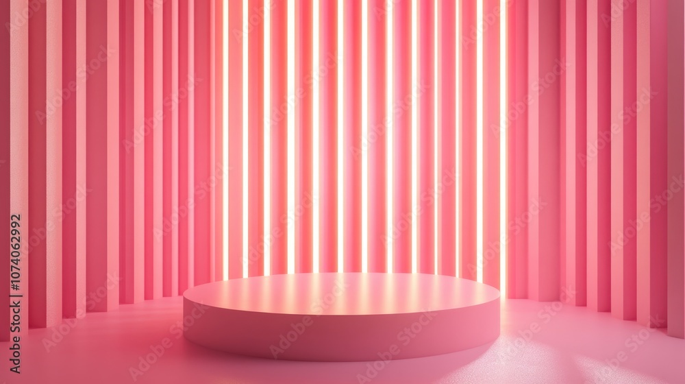 Poster 3d rendering of a pink podium with illuminating lines against a minimalist pink background