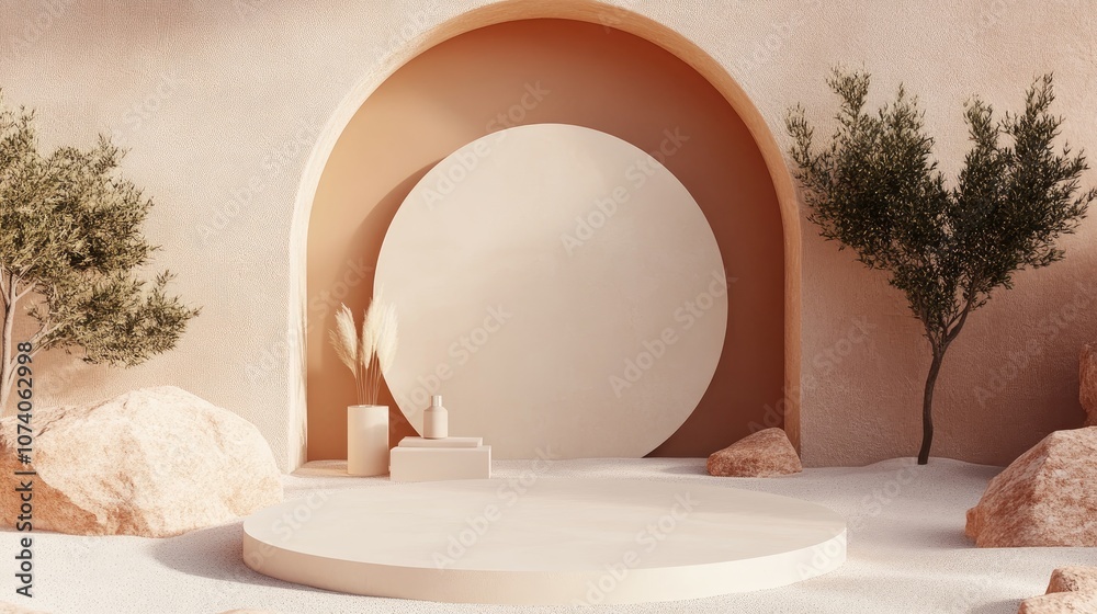 Aufkleber Abstract desert backdrop featuring geometric shapes A natural beauty display setting with an arch frame for showcasing products 3D rendering