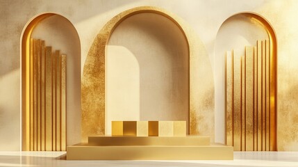 Minimalist 3D rendering of a product display cube podium featuring elegant gold arches and golden lines against a light abstract background