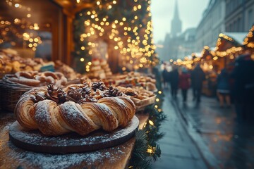 A delightful display of freshly baked pastries dusted with powdered sugar, adorned with pinecones and seasonal decorations, creates an inviting atmosphere at a charming Christmas market.