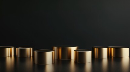 Minimalist abstract composition featuring golden cylindrical podiums against a black backdrop 3D rendering