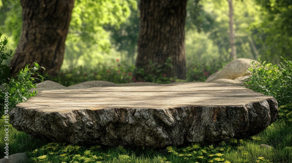 Poster tree trunk wood plank set against a natural backdrop for 3d product placement rendering