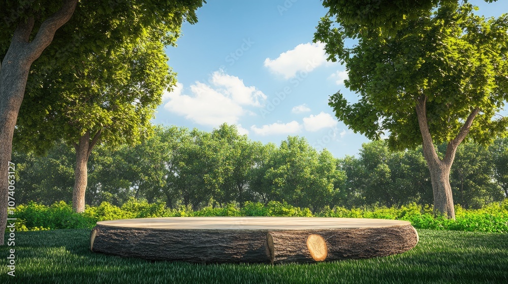 Poster 3D render of an abstract stage podium featuring a log tree design set on grassy terrain surrounded by large trees and a clear blue sky ideal for product display and mock up presentations